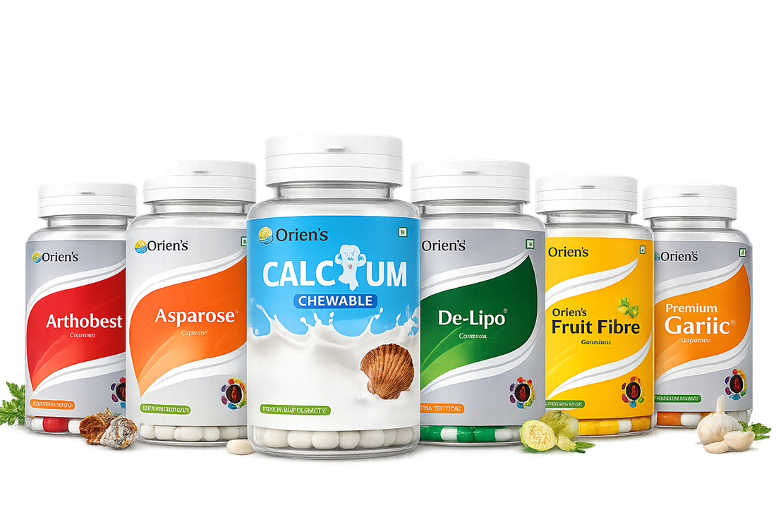 NutraVibe nutraceutical product range — Arthobest, Asparose, Calcium, De-lipo, Fruit Fibre and Garlic supplements